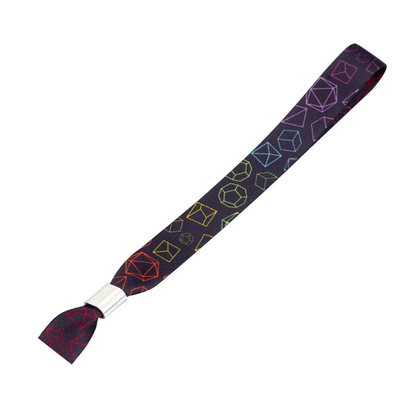 A black festival wristband with multi-coloured geometric shapes on it.